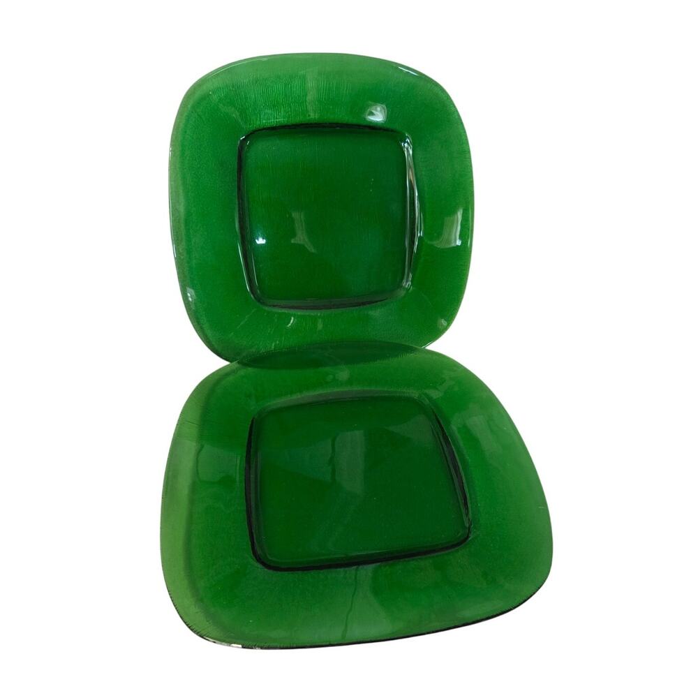 Set 2 Vtg Anchor Hocking Green Glass Platter Serving Plate Square Party